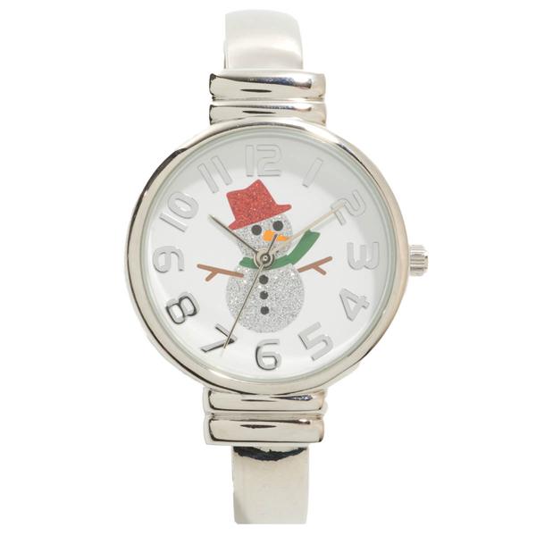 Womens Silver-Tone Bangle Watch w/Glitter Snowman - PT10165A