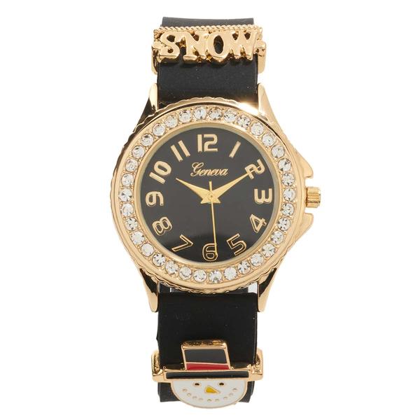Womens Gold Tone & Black Rhinestone Watch w/ 2 Sliders - PT10167B