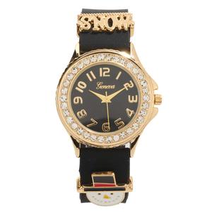 Womens Gold Tone & Black Rhinestone Watch w/ 2 Sliders - PT10167B