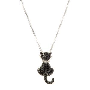 Sunstone Silver-Tone & Black Crystal Cat Pendant Necklace