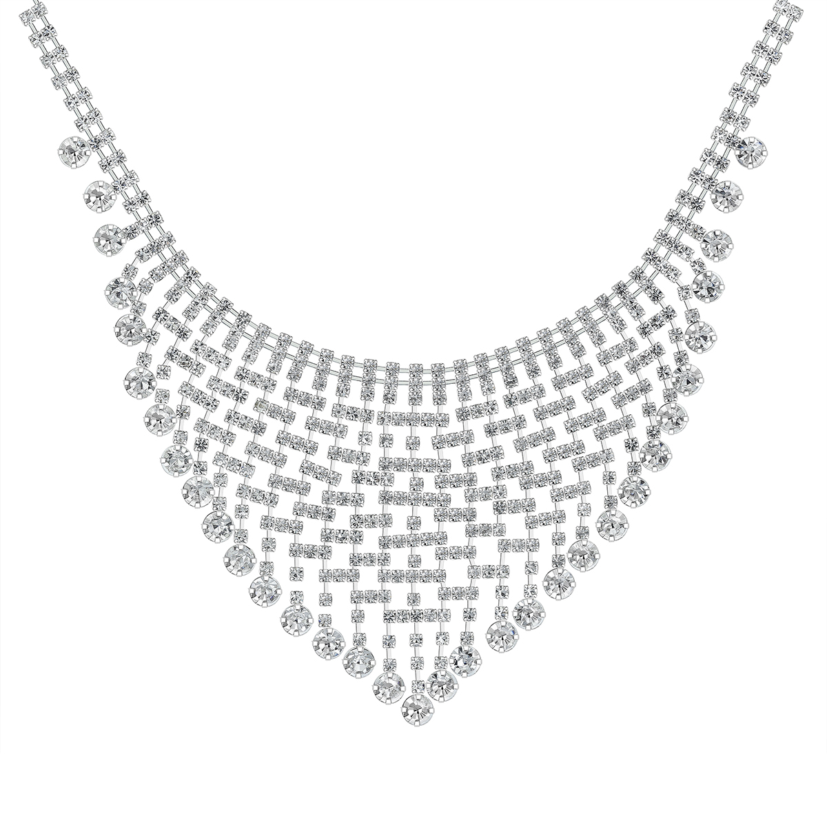 Roman Silver-Tone Crystal Cup Chain Collar Bib Necklace