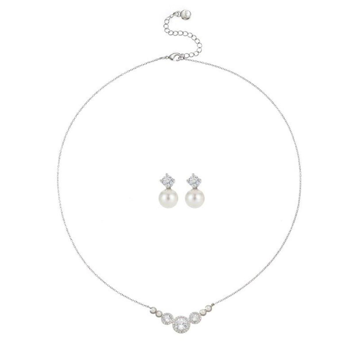 Roman Silver-Tone CZ & Pearl Necklace & Earrings Set