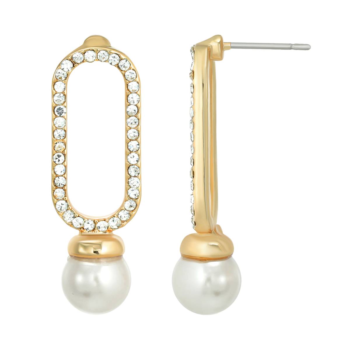 Roman Gold-Tone Oval W/ Pearl Post Drop Earrings