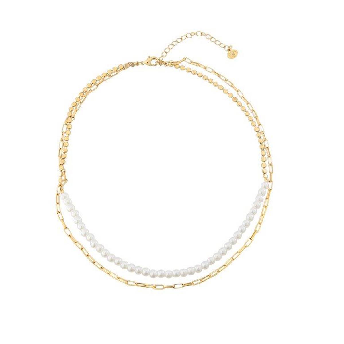 Roman Gold-Tone Pearl Bead & Link Double Layer Necklace