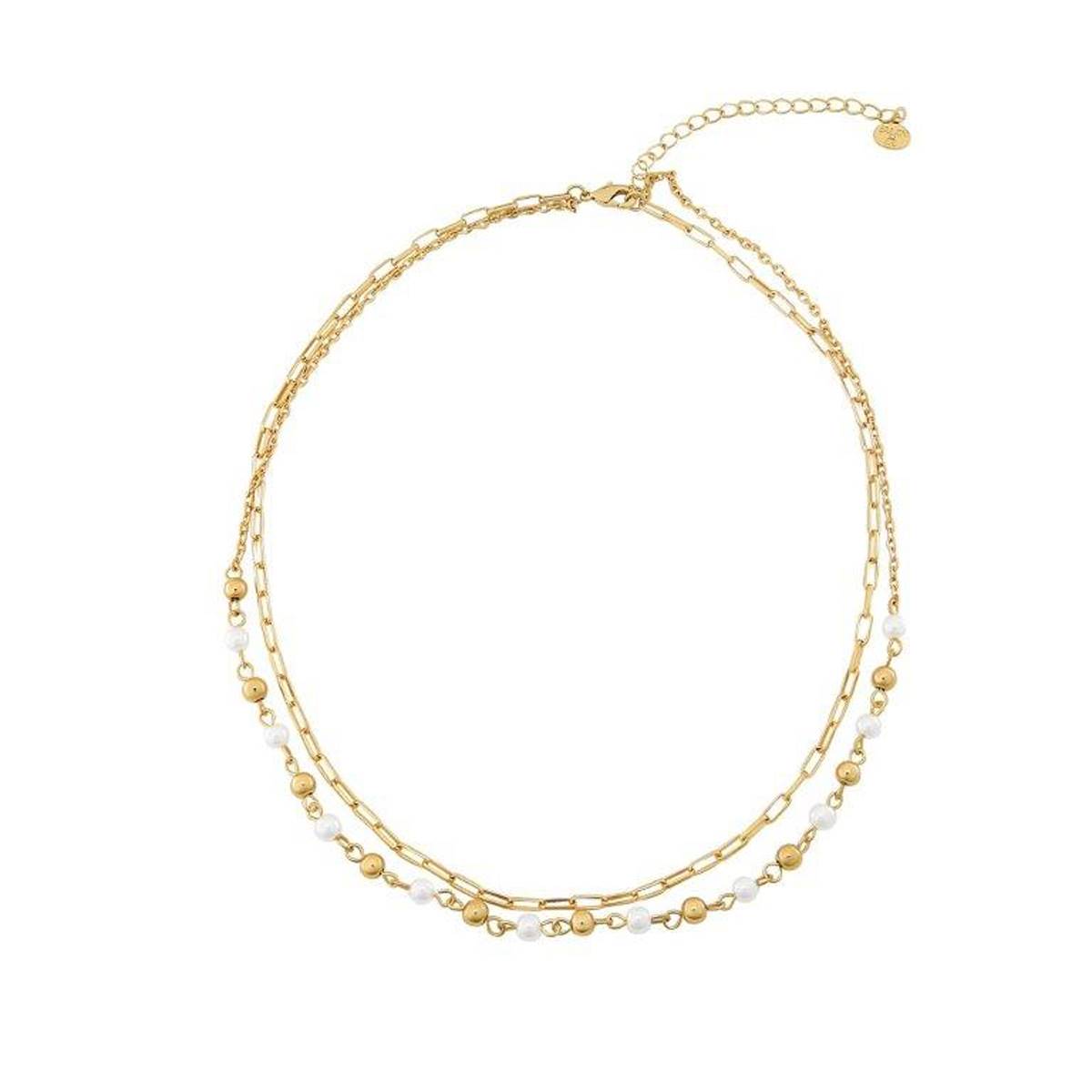 Roman Gold-Tone Link & Pearl Bead Double Layered Necklace