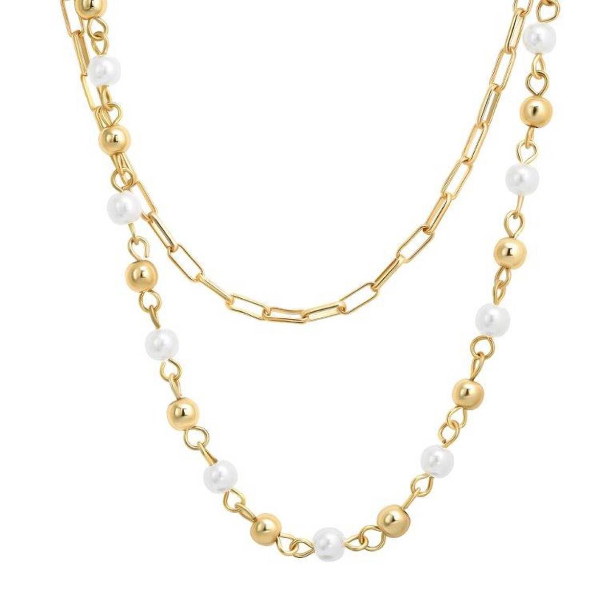 Roman Gold-Tone Link & Pearl Bead Double Layered Necklace