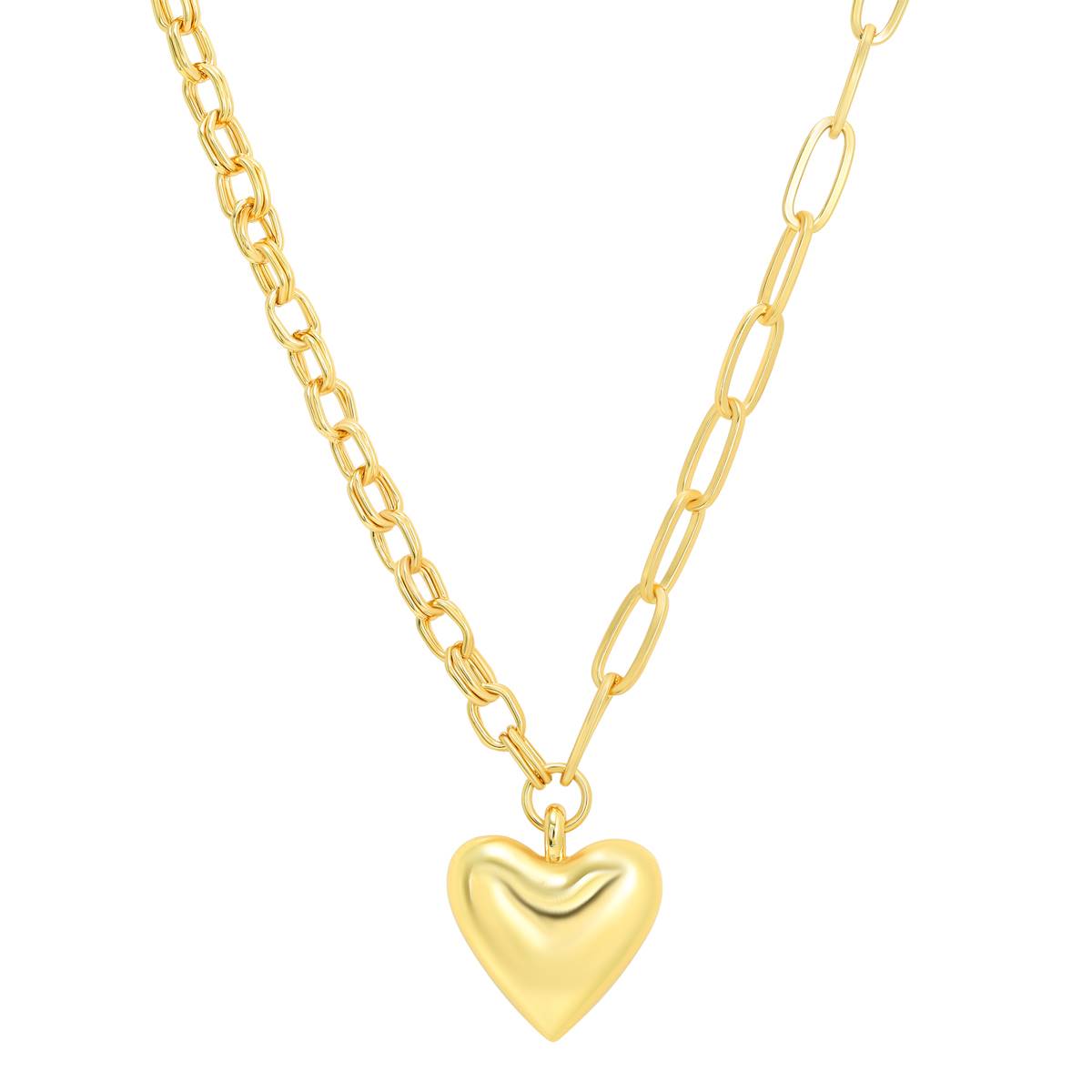 Roman Gold-Tone Puff Heart Link Chain Pendant Necklace