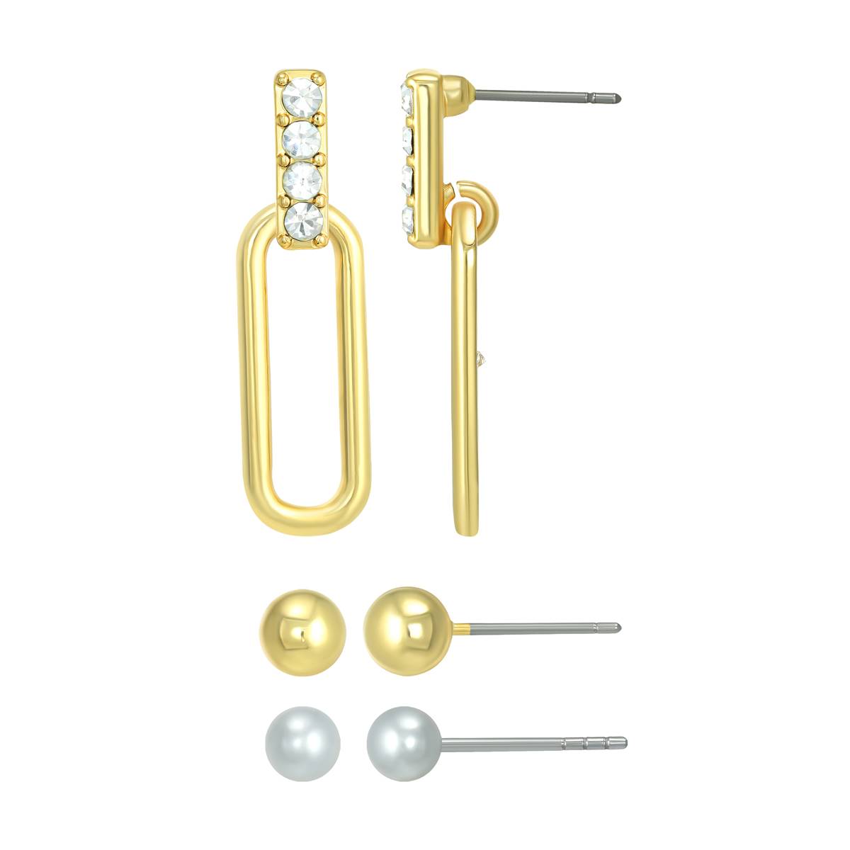 Roman Two-Tone 3pr. Pearl/Ball & Drop Earrings Set