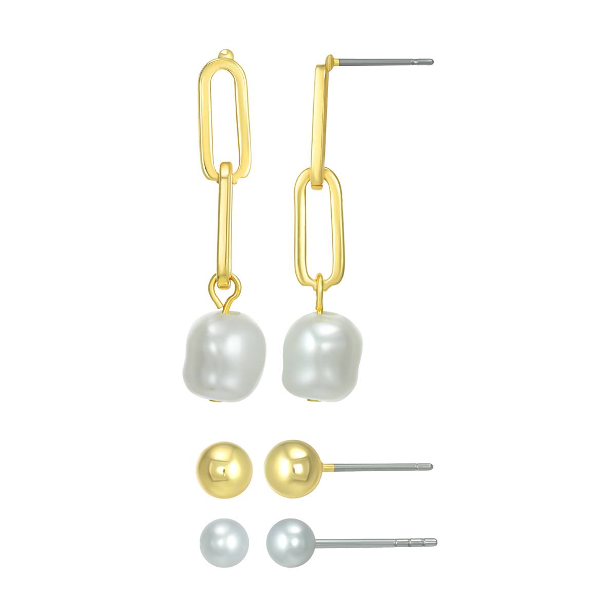 Roman Two-Tone 3pr. Pearl/Ball & Dangle Earrings Set