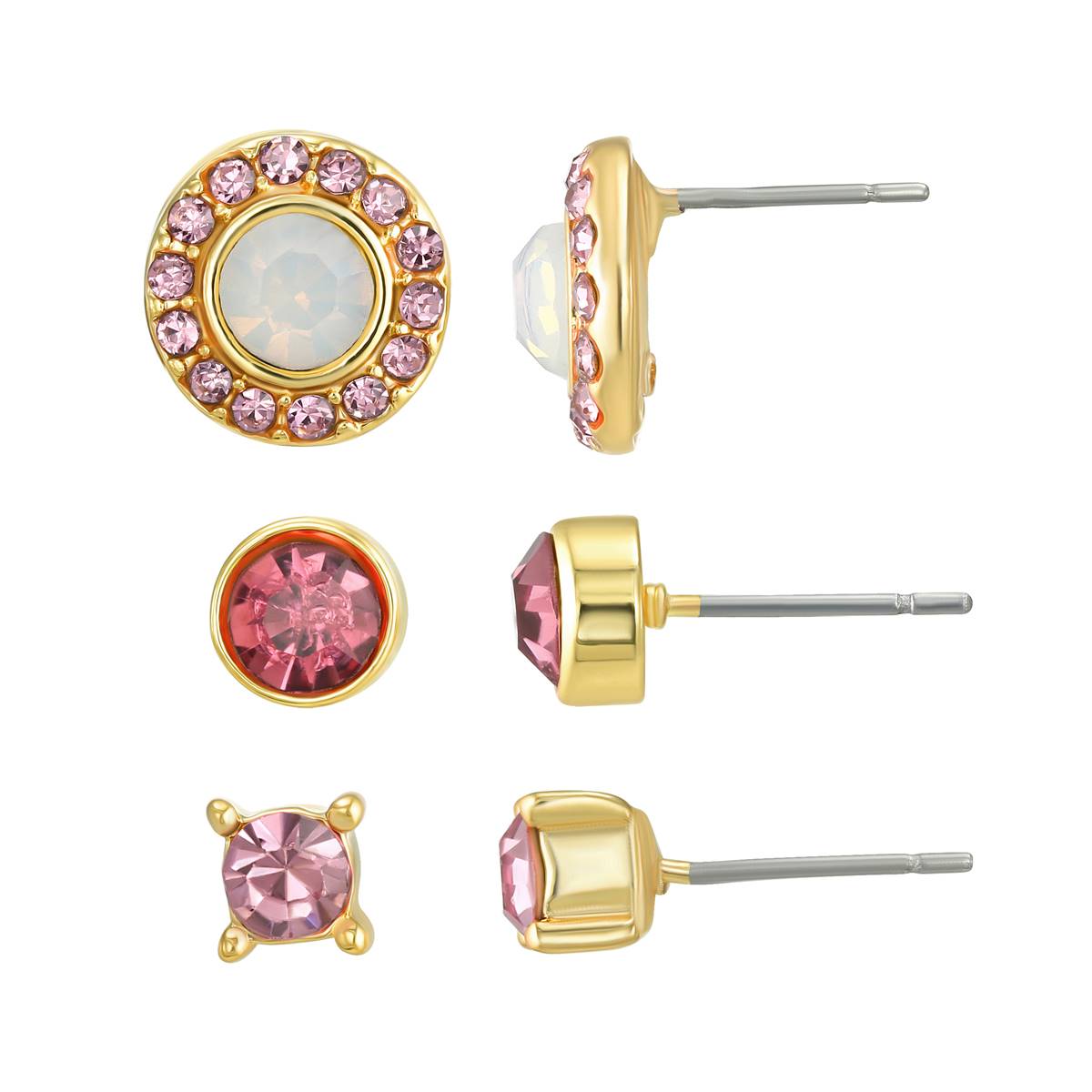 Roman 3pr. Gold-Tone Crystal Round, Square & Halo Earrings Set