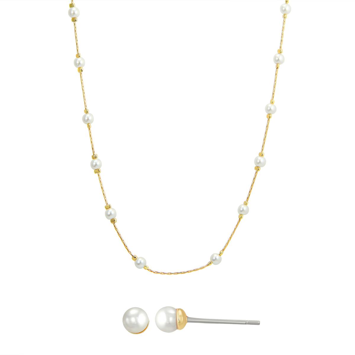 Roman Gold-Tone Pearl Stud Earrings & Necklace Set