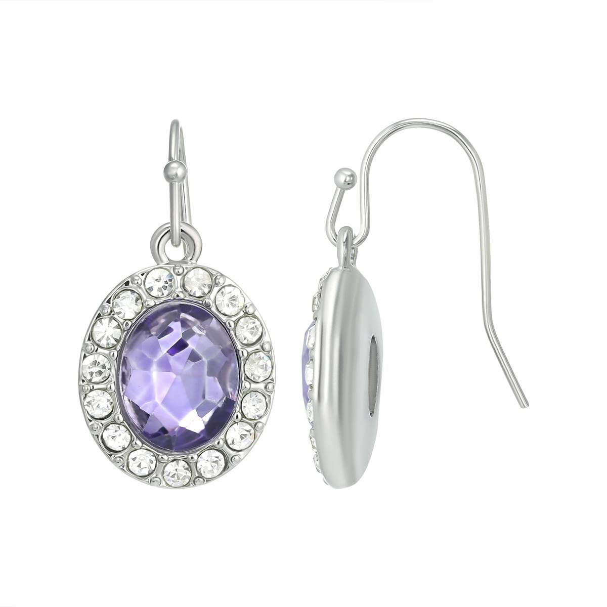 Roman Silver-Tone Amethyst Glass Halo Drop Earrings