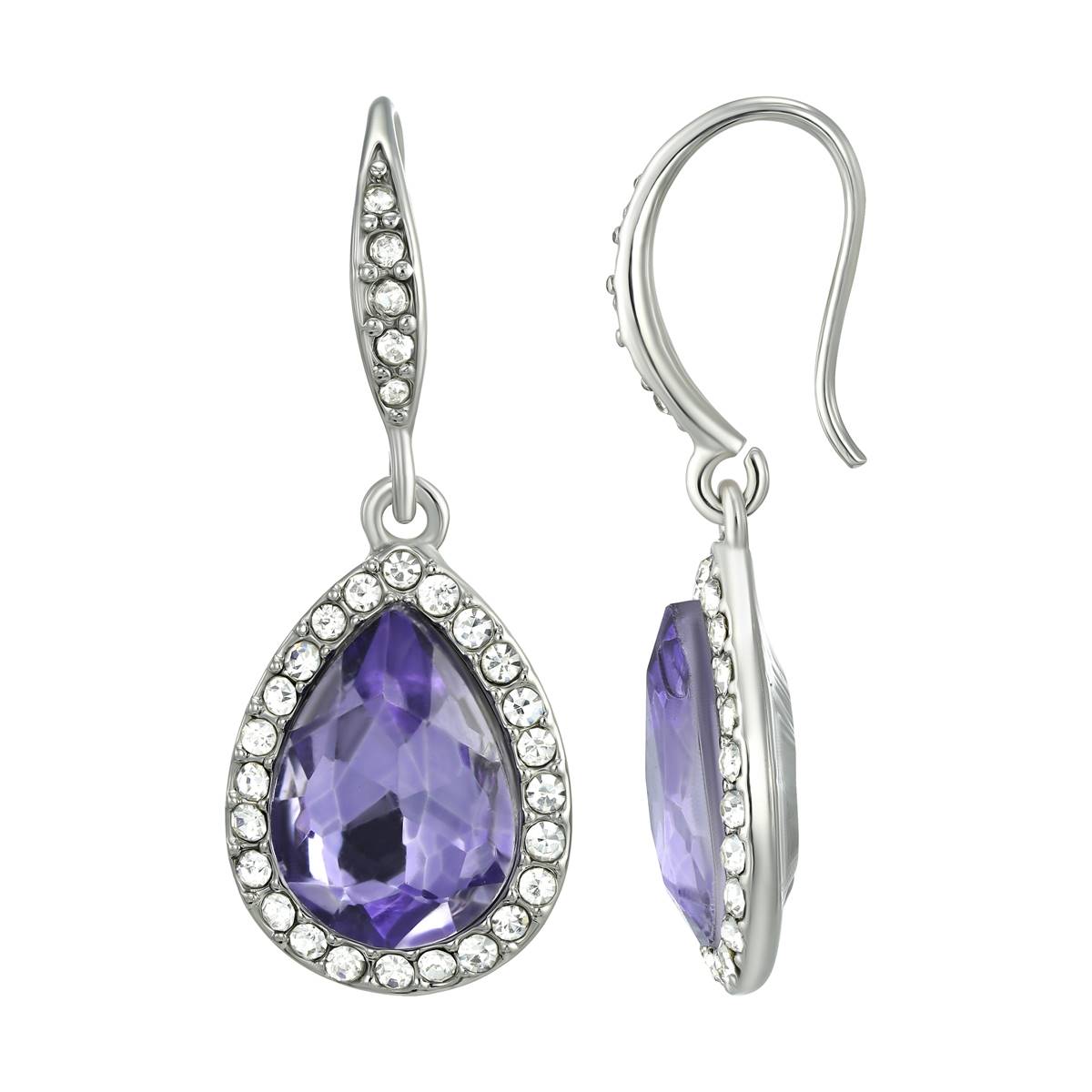 Roman Silver-Tone Amethyst Glass Halo Teardrop Drop Earrings