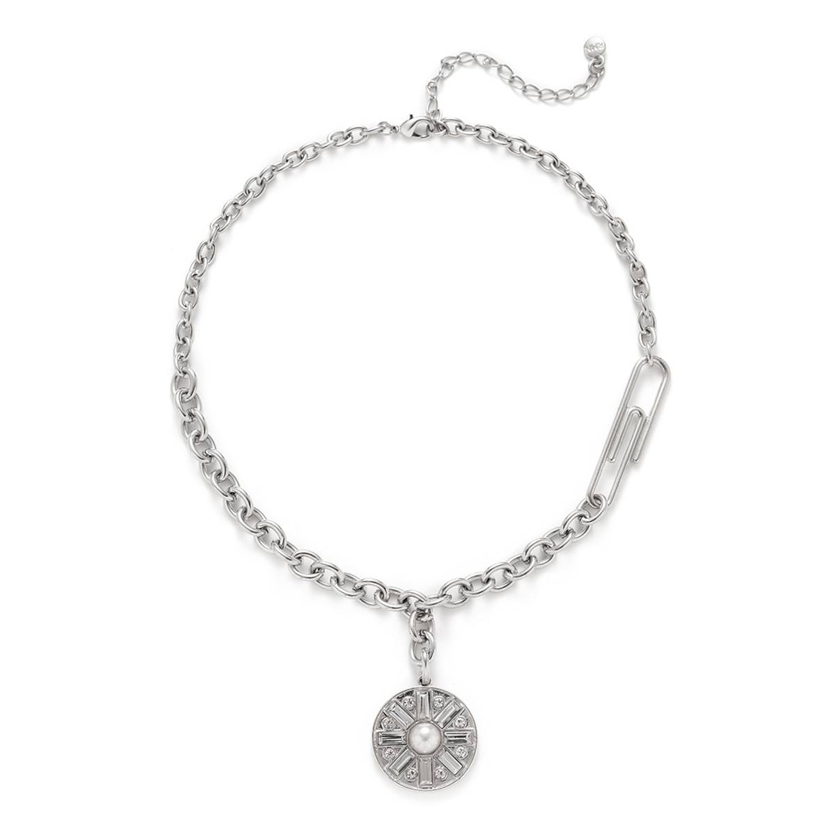 Roman Silver-Tone Paperclip CZ Disc Collar Necklace