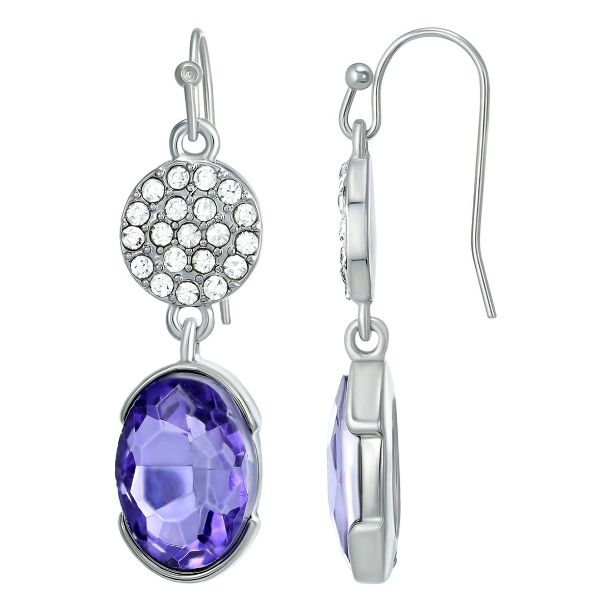 Roman Silver-Tone Amethyst Oval & Crystal Disc Dangle Earrings