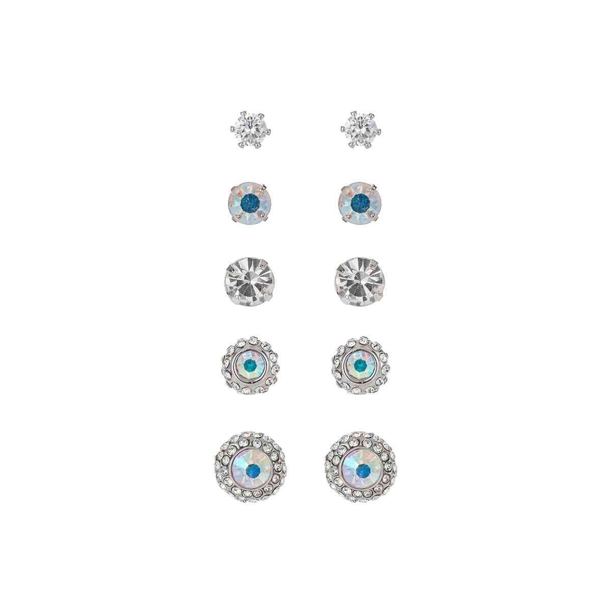 Roman Silver-Tone 5pr. AB Glass & White Stone Stud Earrings