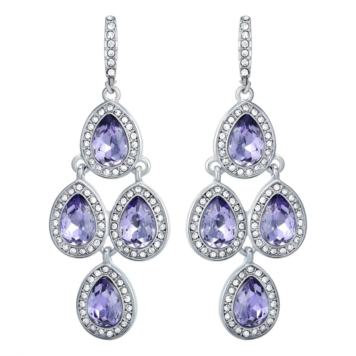 Roman Silver-Tone Amethyst Glass Pear Quad Dangle Earrings