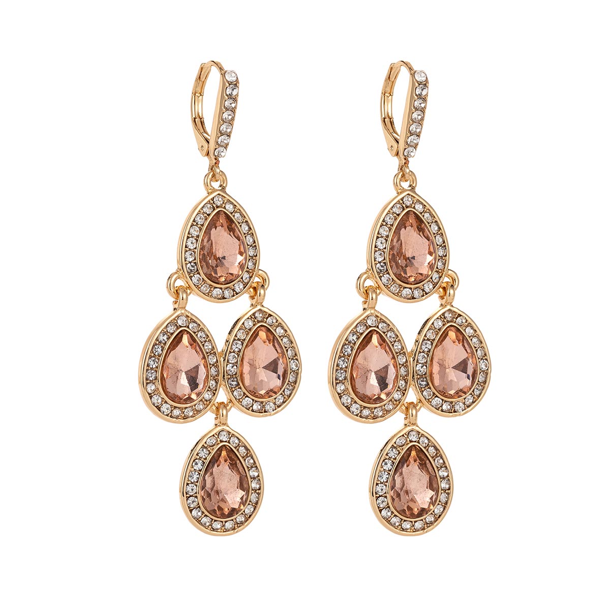 Roman Gold-Tone Peach Halo Quad Teardrop Chandelier Earrings