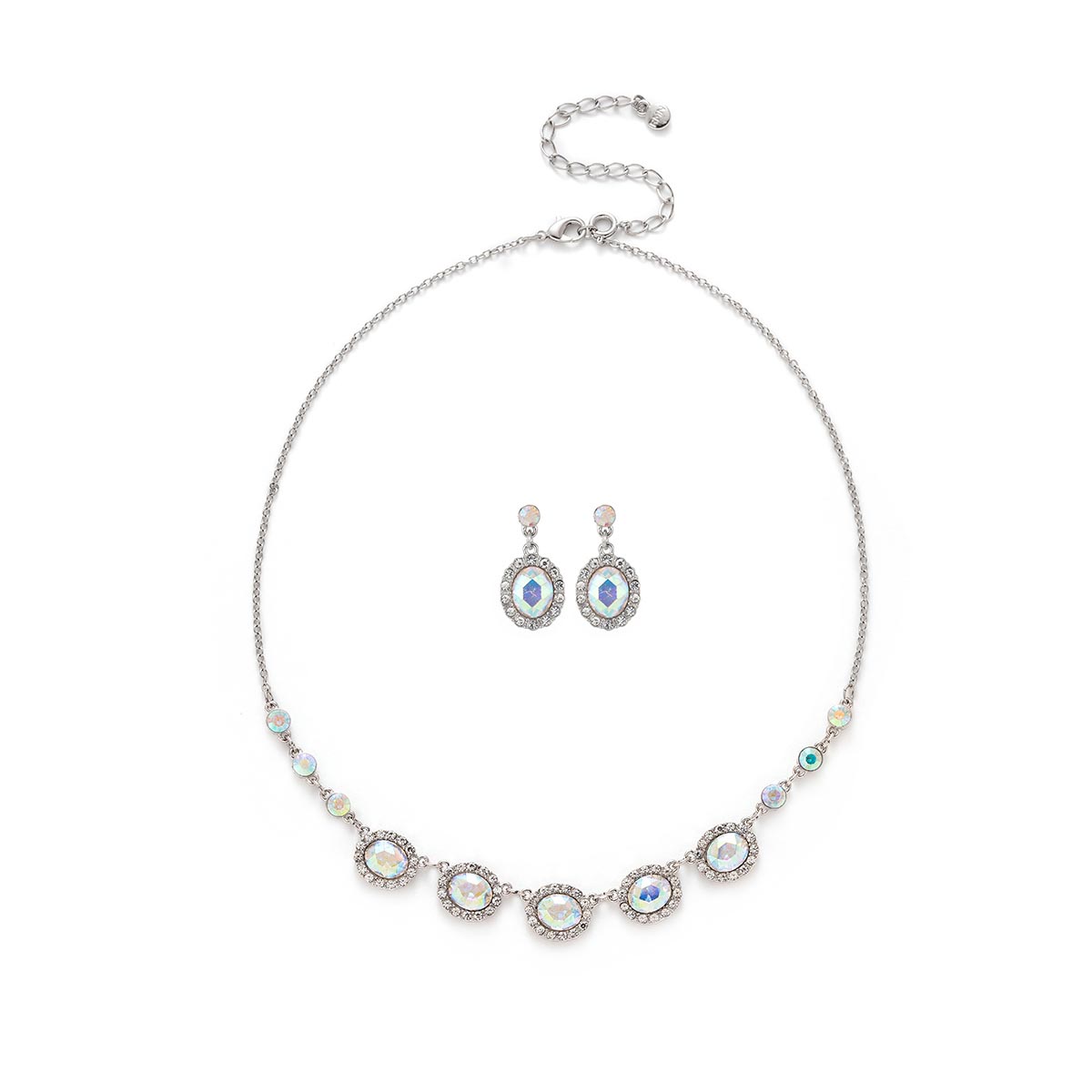 Roman Silver-Tone AB Glass Round Halo Necklace & Earrings Set