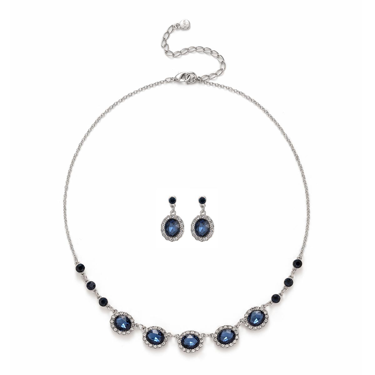 Roman Silver-Tone Halo Round Sapphire Necklace & Earrings Set