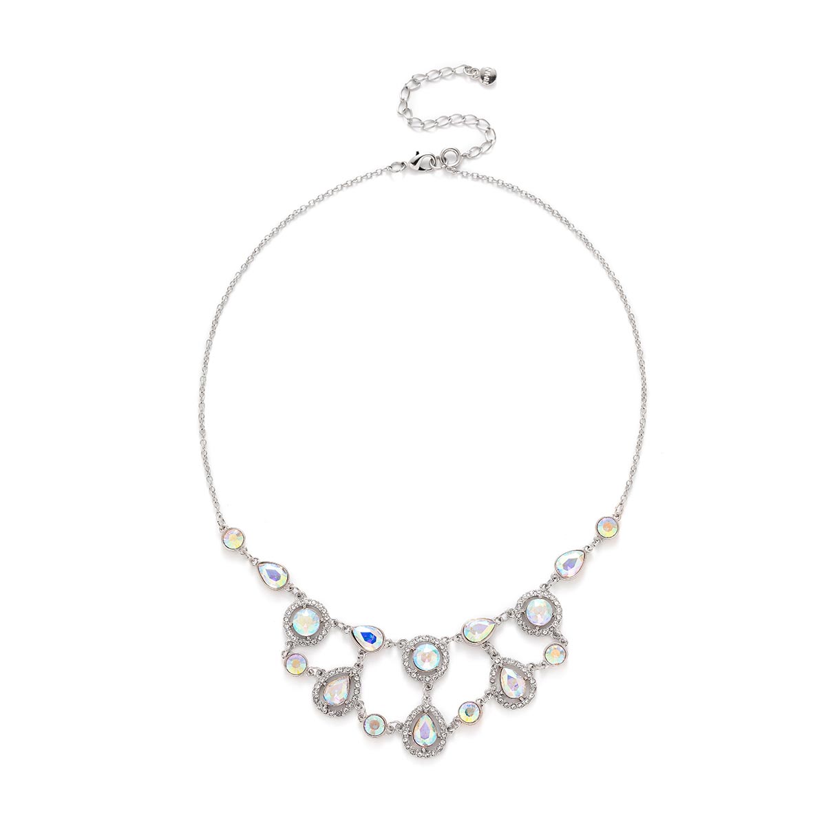 Roman Silver-Tone AB Glass Pear Round Halo Statement Bib Necklace