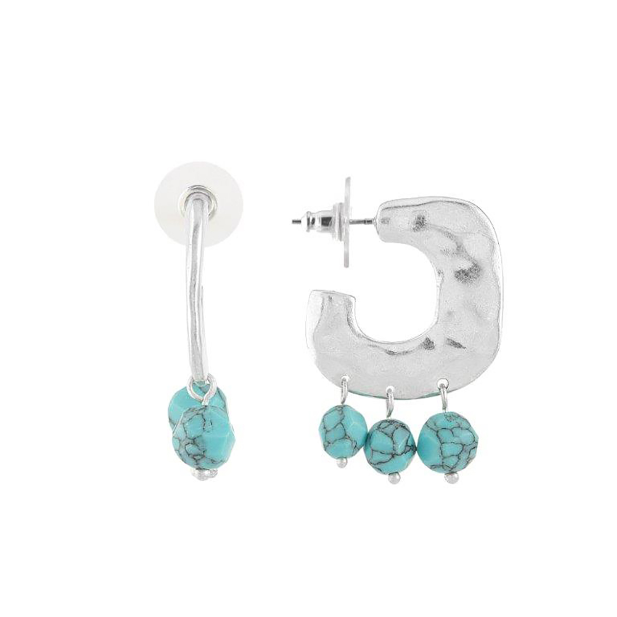Bella Uno Silver-Tone Turquoise 3 Bead Hoop Earrings