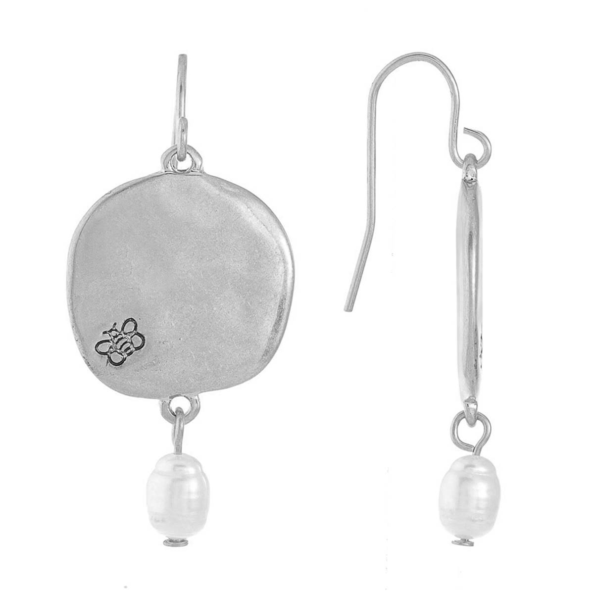 Bella Uno Worn Silver-Tone Pearl Charm Disc Drop Earrings