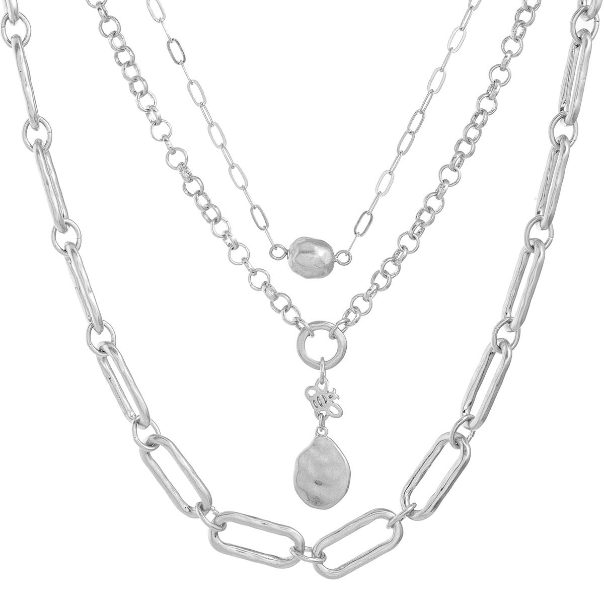 Bella Uno Worn Silver-Tone 3 Layer Chains W/ Pearl Necklace