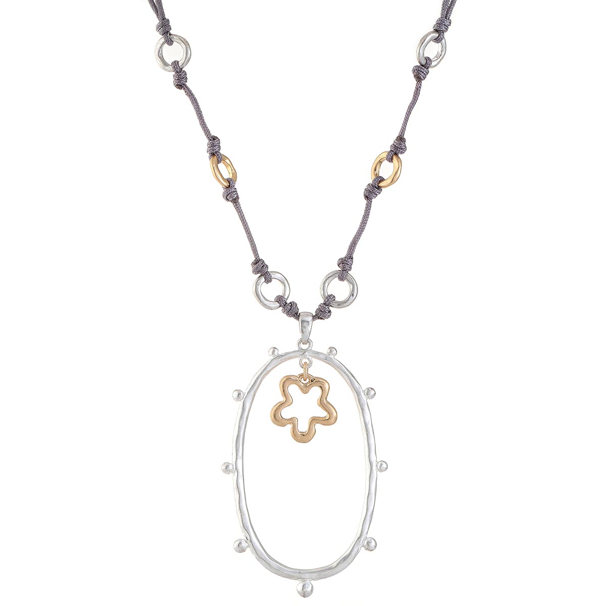 Bella Uno Two-Tone Flower Beaded Oval Pendant Necklace