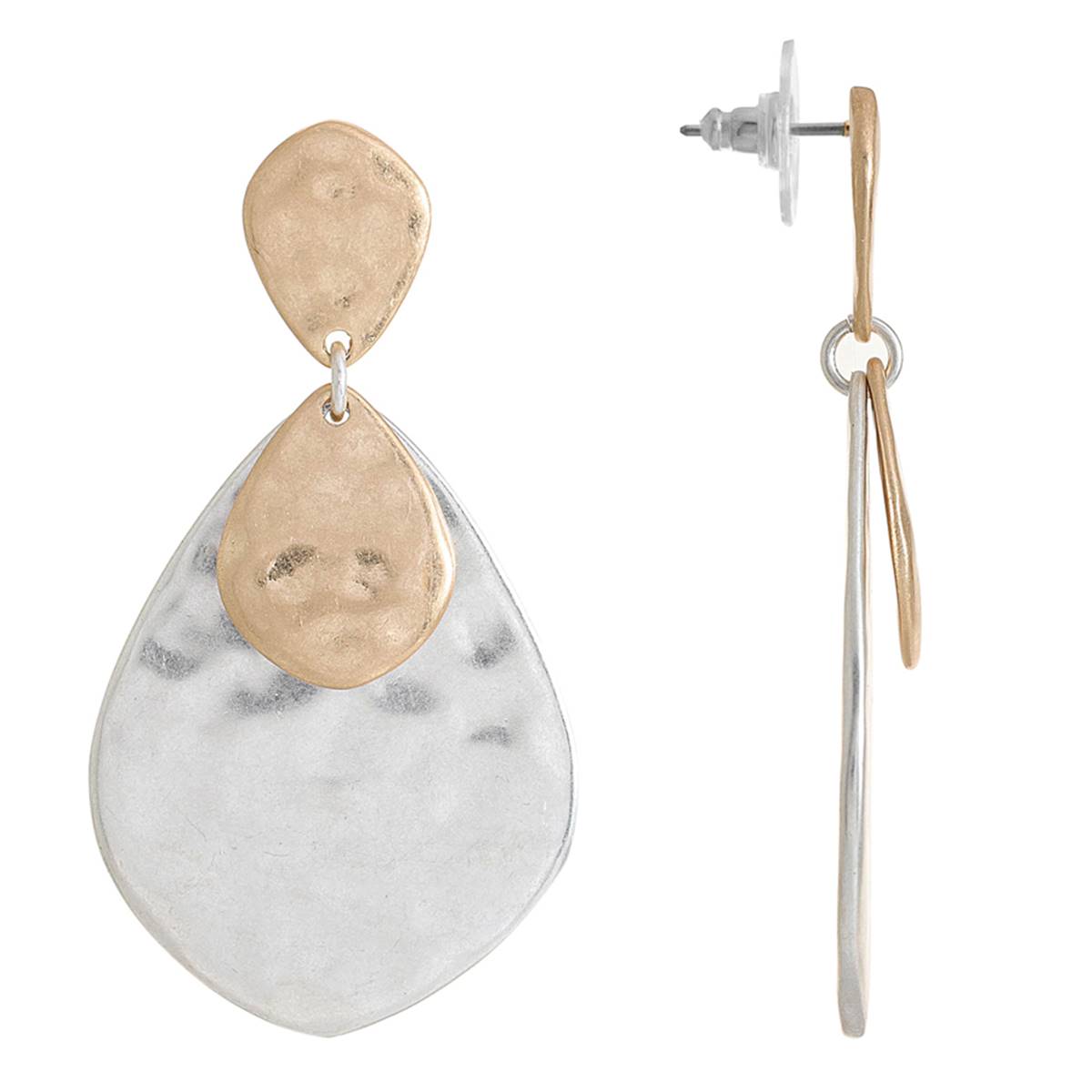 Bella Uno Worn Two-Tone Organic Flat Hammered Drop Earrings