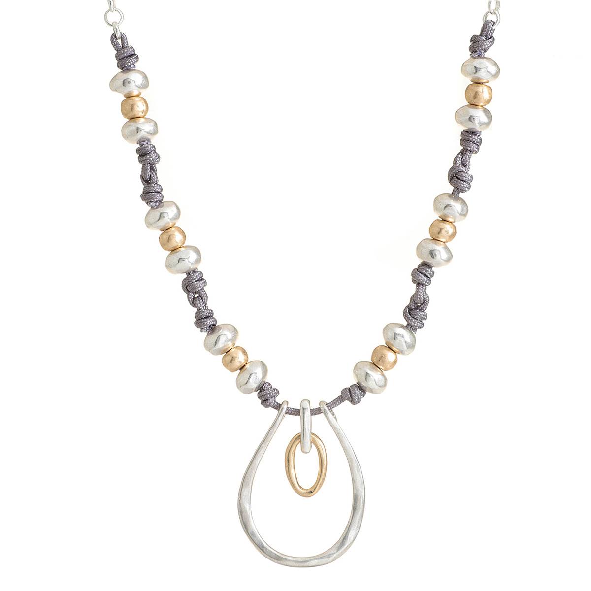 Bella Uno Worn Two-Tone Beaded String With Oval Pendant Necklace