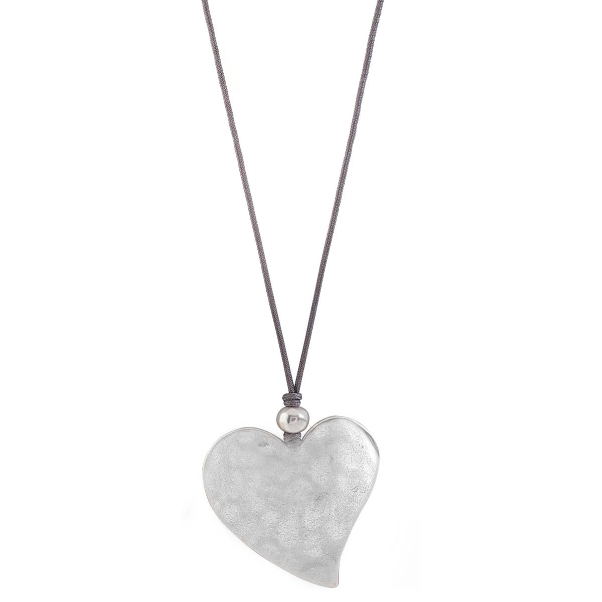 Bella Uno Worn Silver-Tone Hammered Heart Cord Pendant Necklace