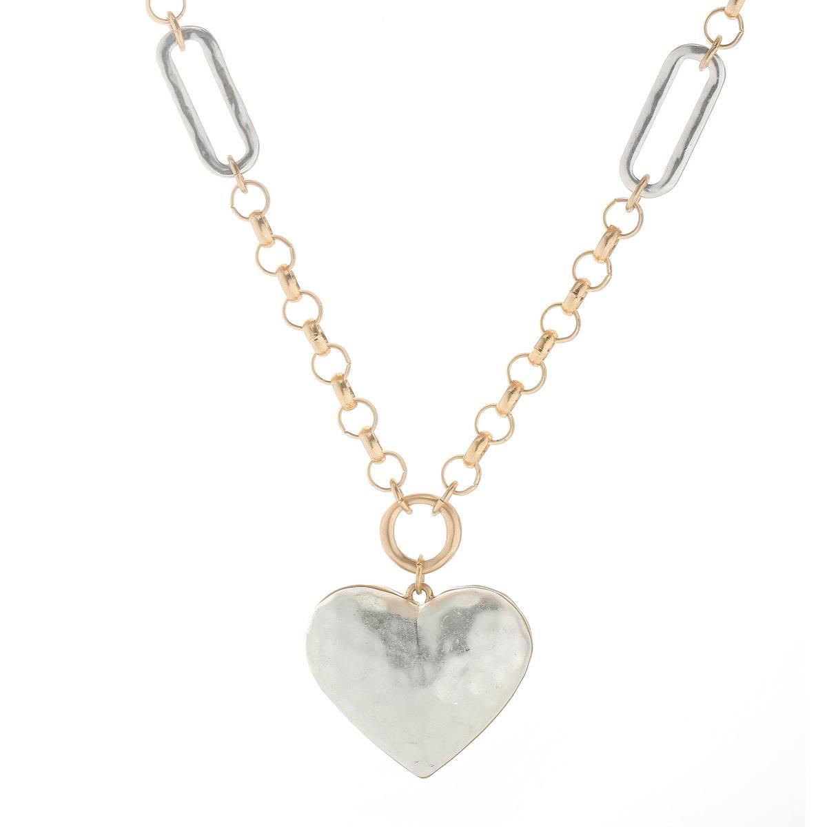 Bella Uno Worn Two-Tone Cable Hoop Link Chunky Heart Pendant 25$