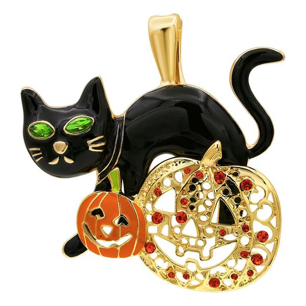 Wearable Art Black Enamel Crystal Cat & Pumpkin Enhancer Pendant