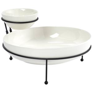 Famous Brand Ceramic Chip & Dip Set with Wire Stand
