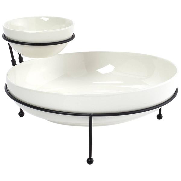 Famous Brand Ceramic Chip & Dip Set with Wire Stand