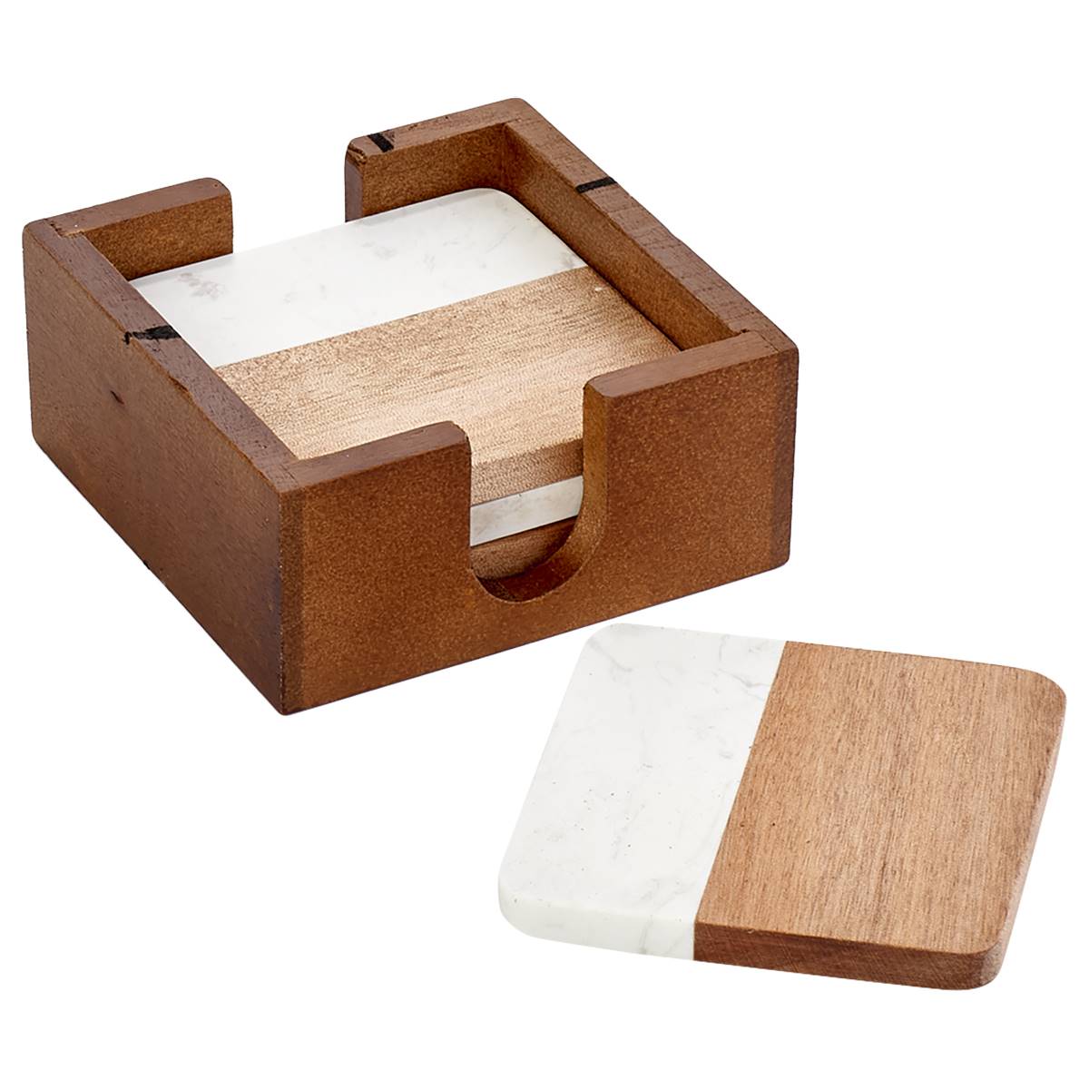 Set Of 4 Acacia Wood & Marble Coasters With Holder