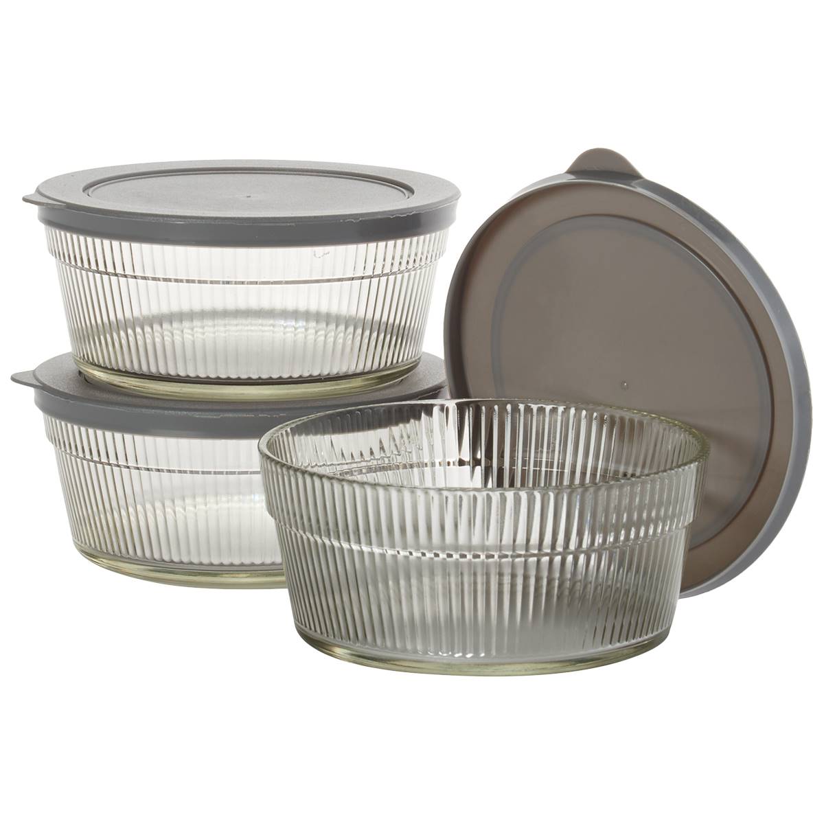 Farberware(R) Embossed Glass Stacked Round Bowls W/ Lids - Charcoal