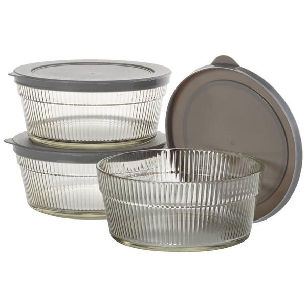 Famous Brand Embossed Glass Stacked Round Bowls w/ Lids