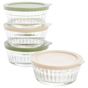 Famous Brand Sage Ribbed Glass Stack Bowls w/ Lids - Set of 4