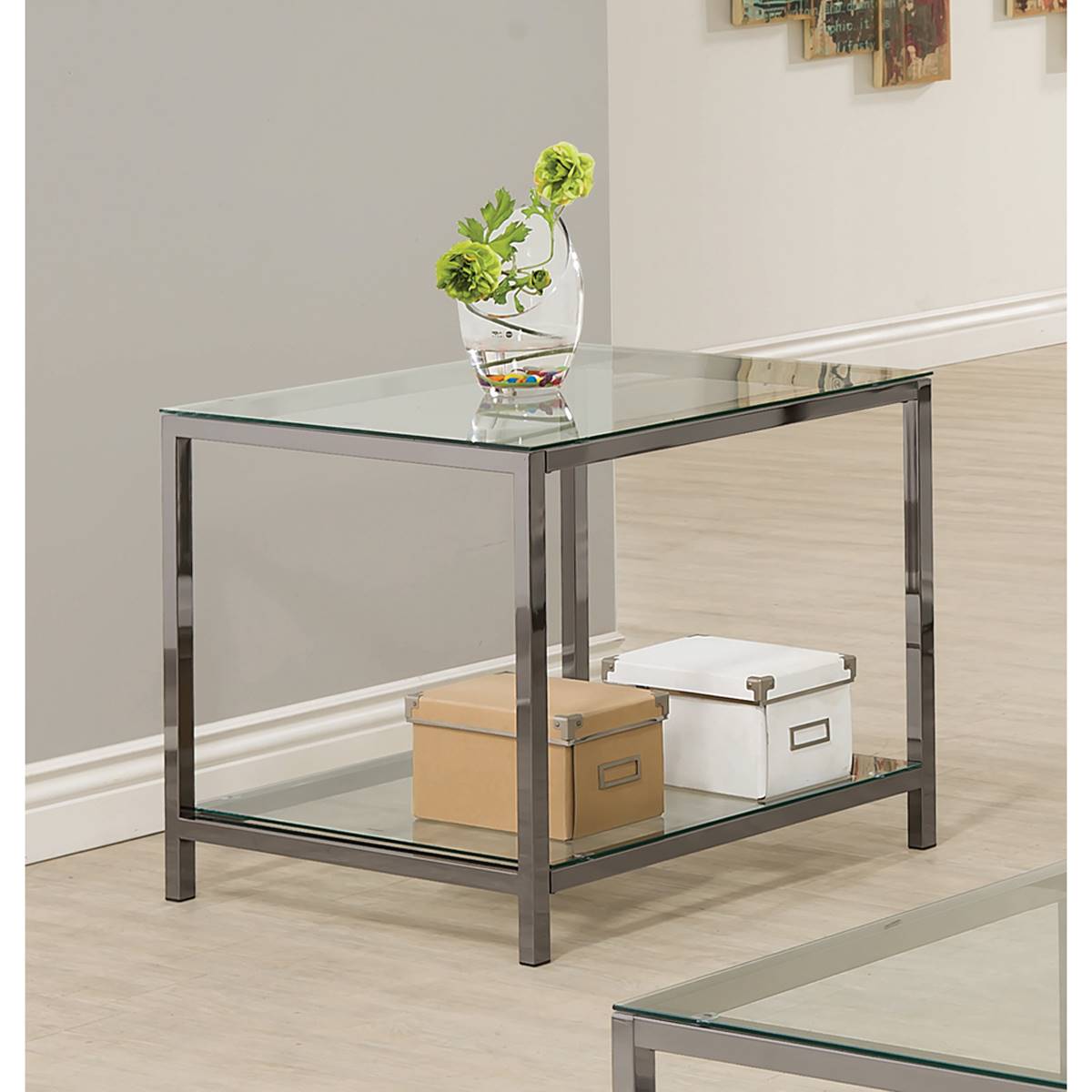 Coaster Ontario Black Nickel End Table W/Glass Shelf