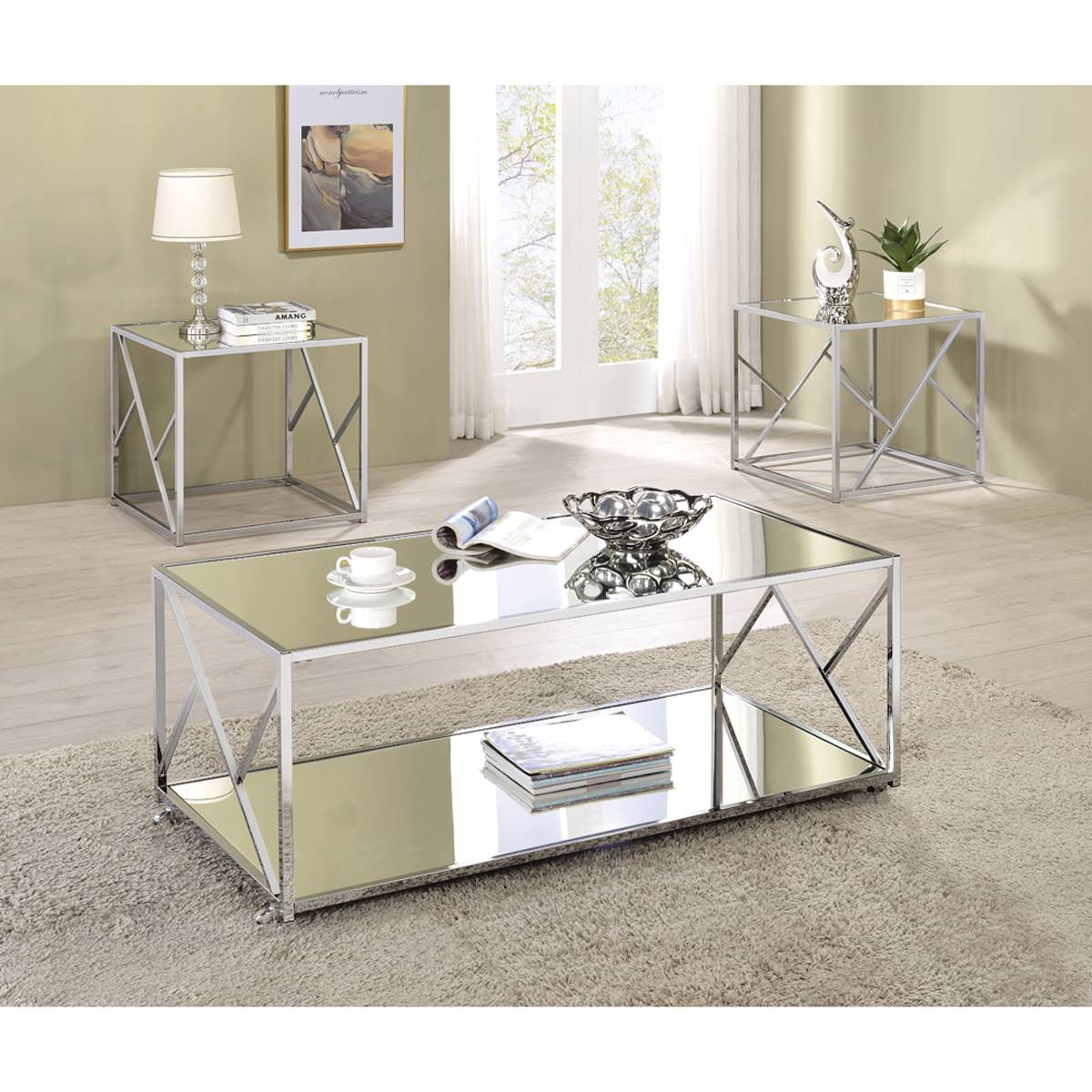 Coaster 3pc. Occasional Table Set - Clear Mirror & Chrome