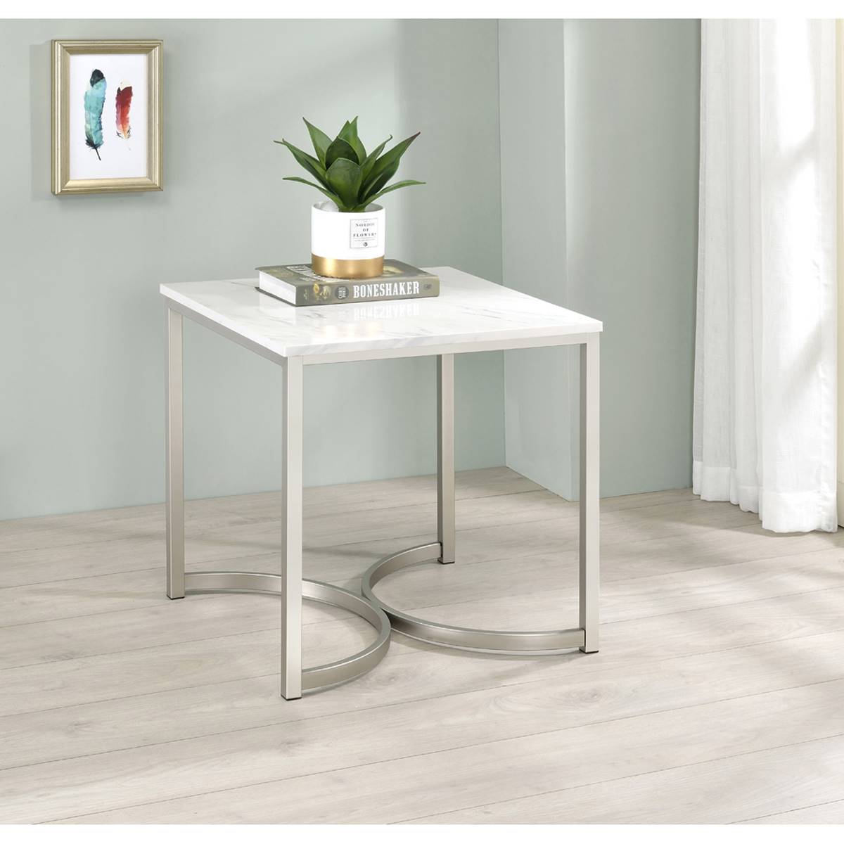 Coaster Faux Marble Square End Table - White And Satin Nickel