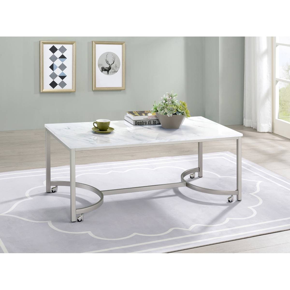 Coaster Coffee Table With Casters - White & Satin Nickel