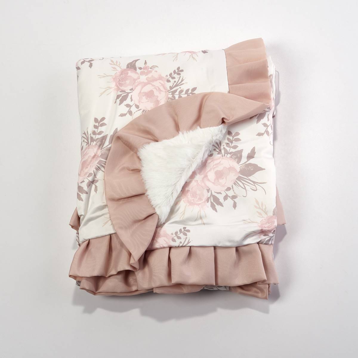 The Peanutshell Grace Floral Satin Back Reversible Blanket W/Fur