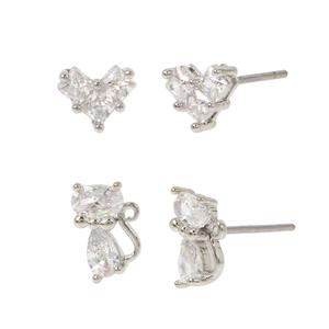 Betsey Johnson 2pr. CZ Cat & Bow Earrings Set