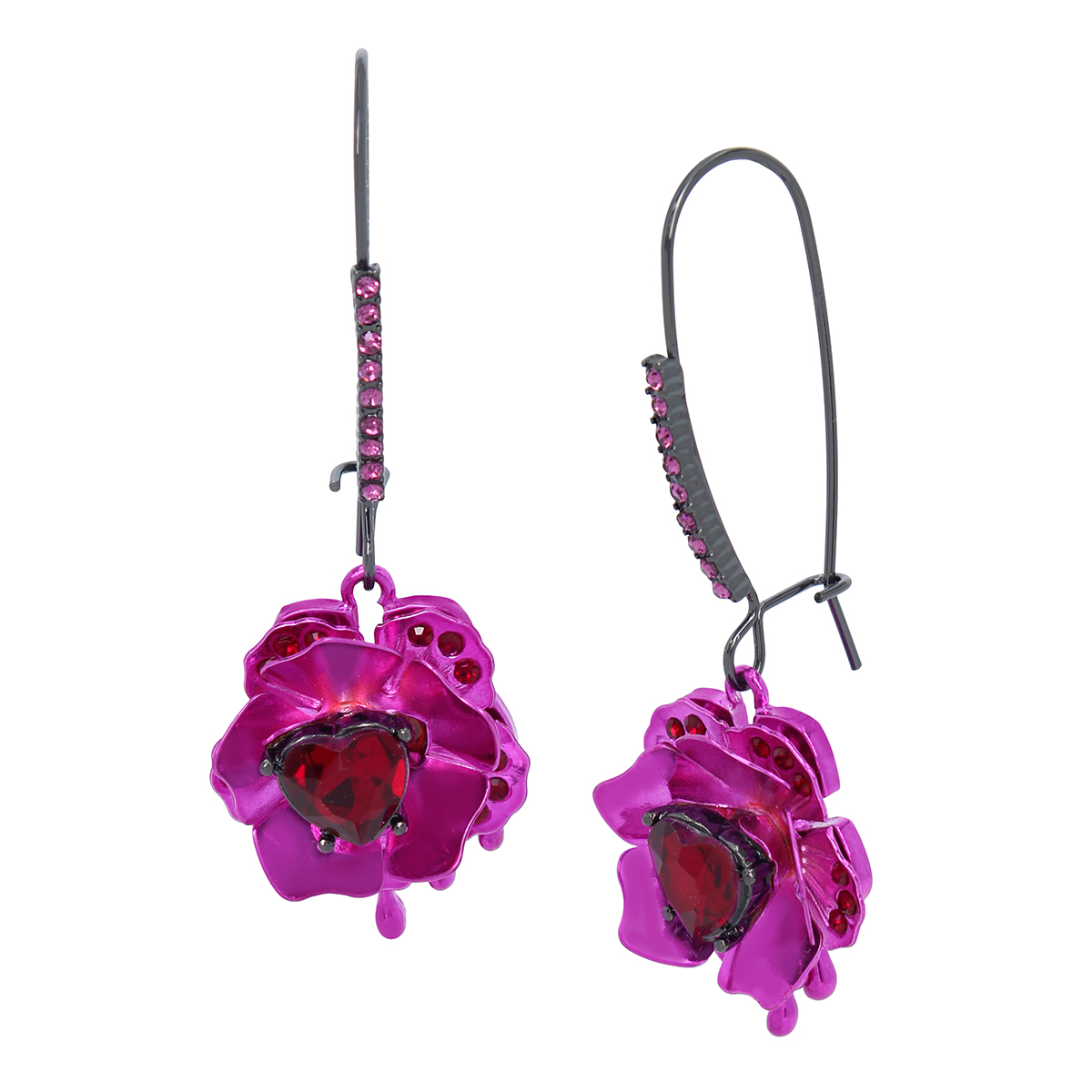 Betsey Johnson Flower & Stone Heart Dangle Earrings