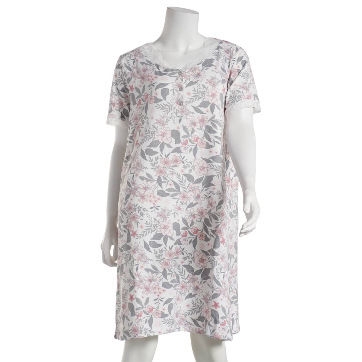 Womens Charmour Short Sleeve Henley Floral Nightshirt-Ivory