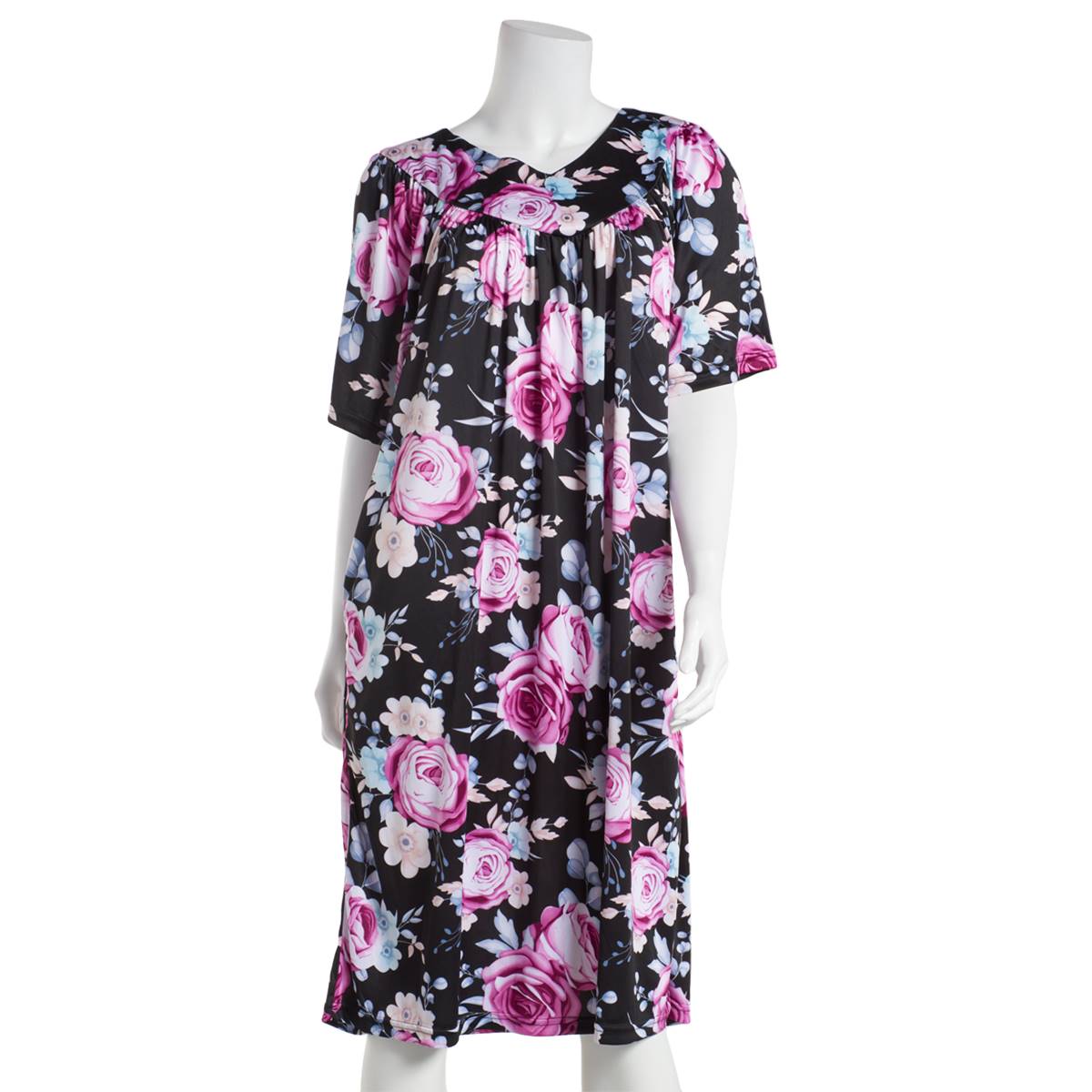 Womens Casual Time Elbow Sleeve Floral Nightgown - Black