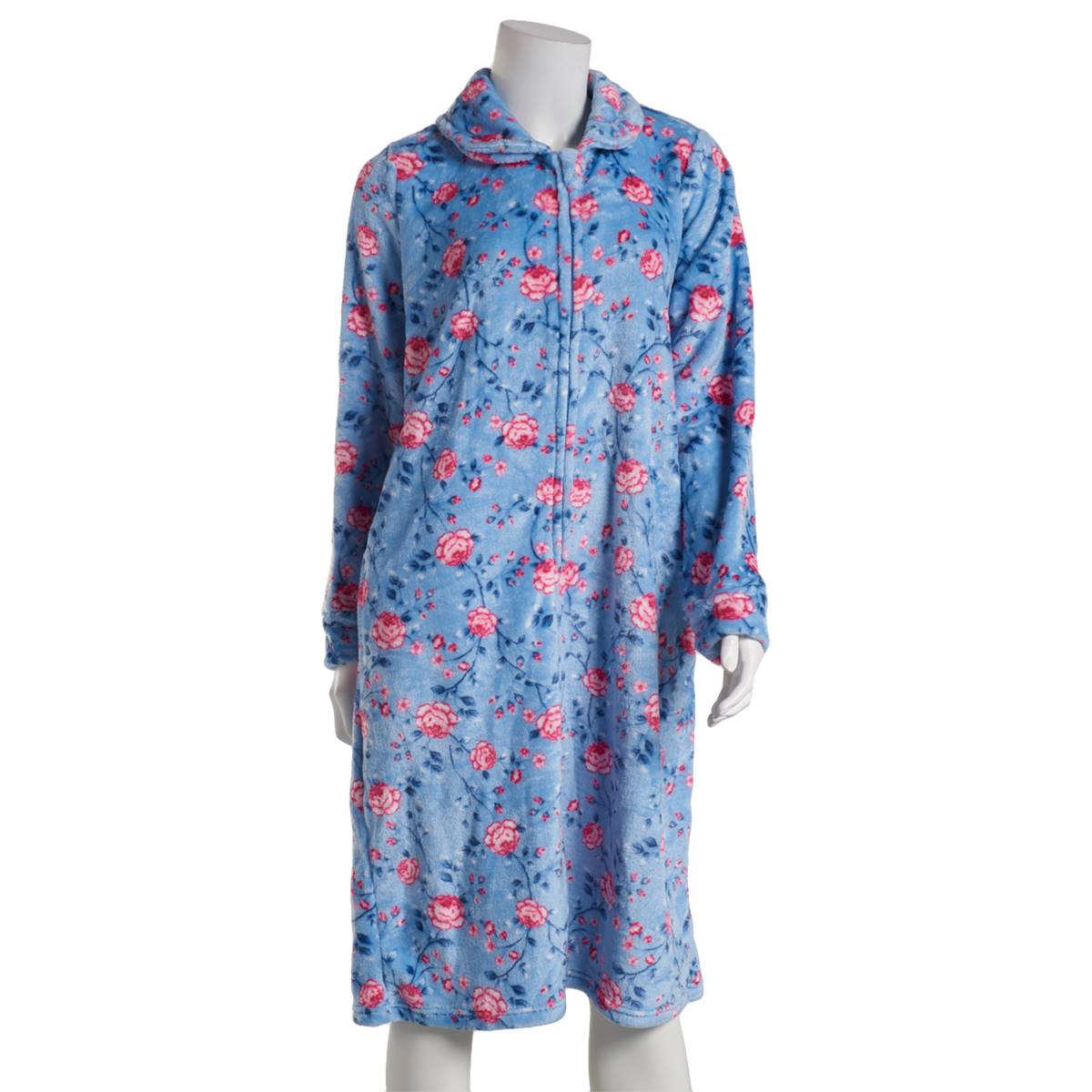 Womens Charmour Plush Floral Zip Front Duster
